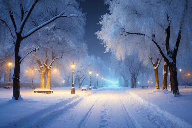 Night winter landscape in the alley of city park