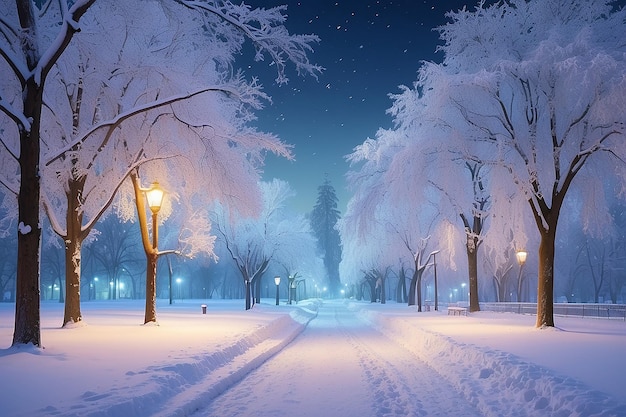 市の公園の小道の夜の冬の風景
