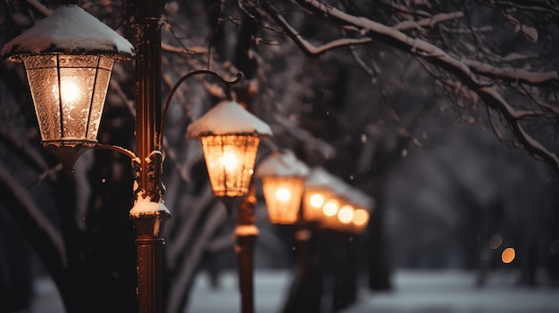 Ночной зимний пейзаж в переулке городского парка