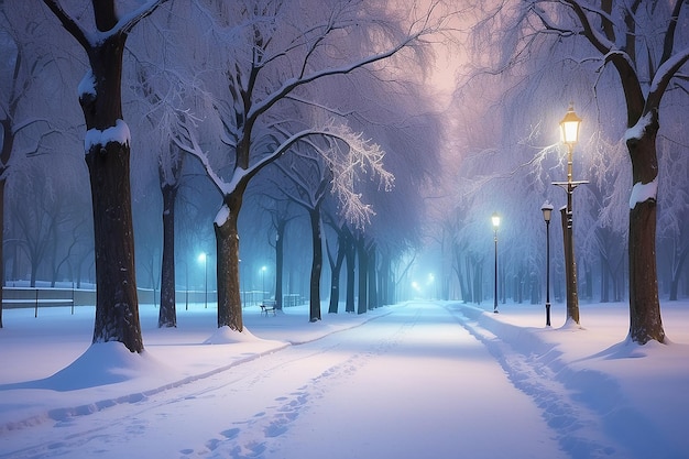 市の公園の小道の夜の冬の風景