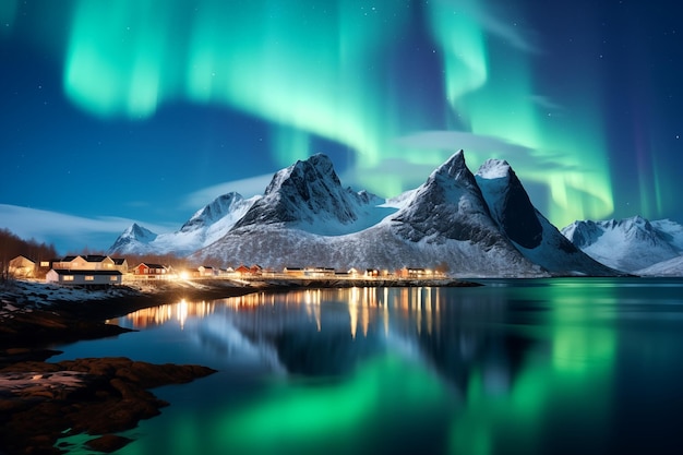 Night winter landscape with aurora high rocks beach