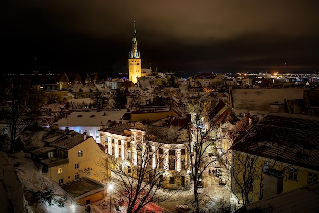 Night winter panorama of Tallinn in Estonia