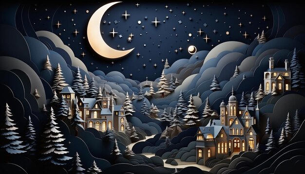 Night winter village with moon and starry sky Vector illustration