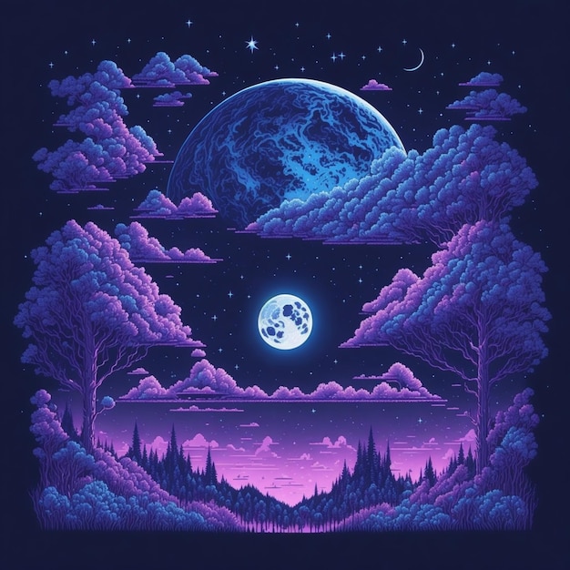 night with moon and stars pixel art