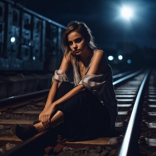 at night a woman with long sleeves and dark hair sitting on a wooden box crate at back of the dock