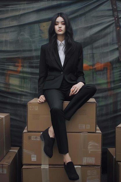 at night a woman with long sleeves and dark hair sitting on a wooden box crate at back of the dock