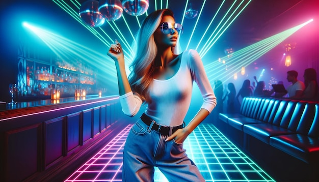 Foto ragazza che balla in un nightclub su uno sfondo a gradiente illuminato da luci al neon
