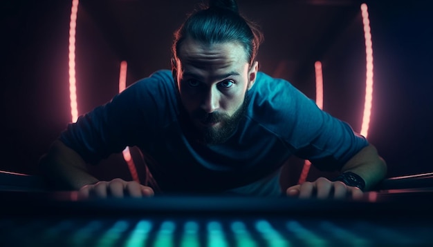 Nightclub programmer at desk illuminated by technology generated by AI