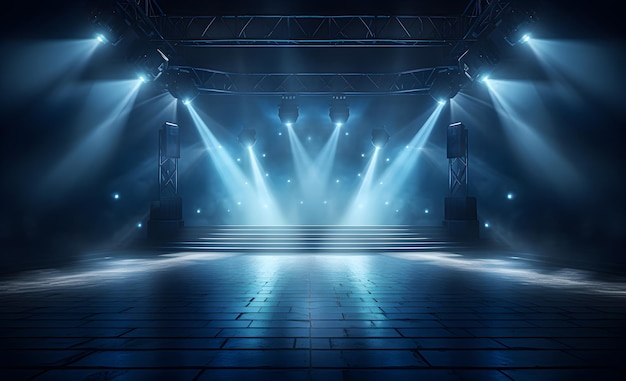 Nightclub scene with spotlights and fog Dark blue stage lights