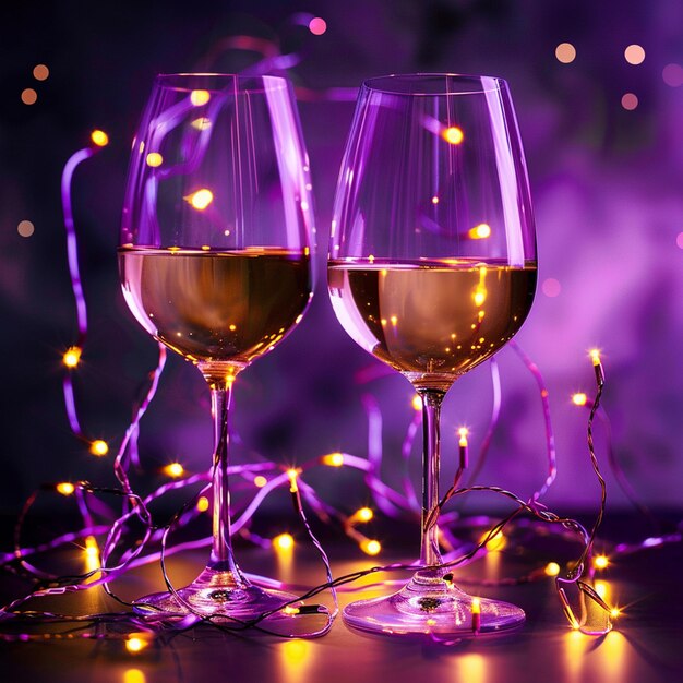 Nightclub wine glasses with white wine lit by party festive lights on darkpurple background