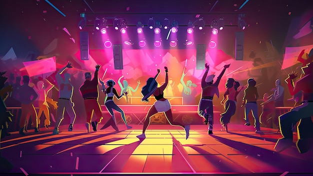 nightclub with flashing lights DJ dance floor cartoon illustration generative ai