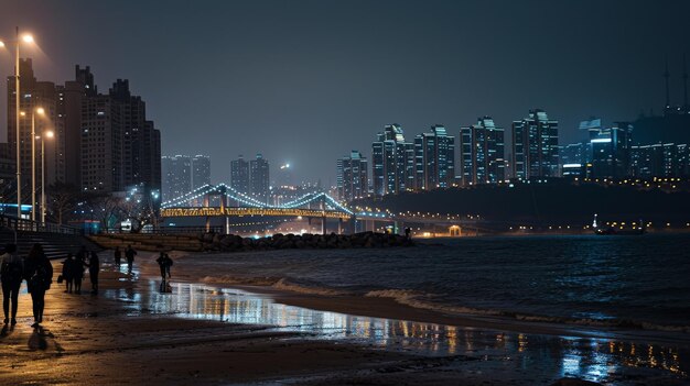 夜が暮れると 釜山の街景は 輝く光に照らされ 南朝鮮の海岸に沿って 息が止まる景色を生み出します