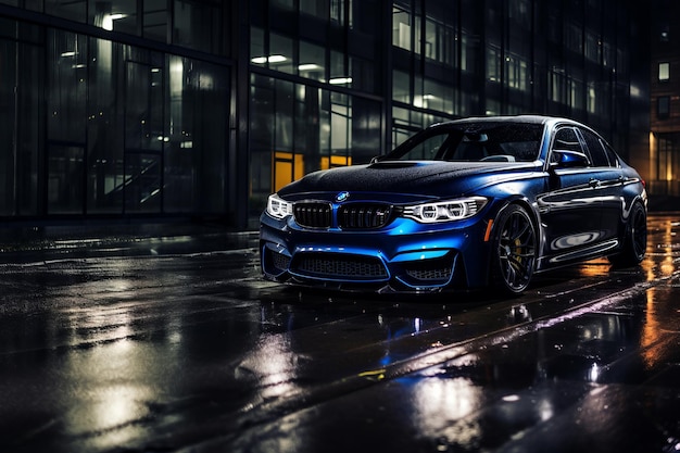 Nightfall: 진짜 파란색 BMW M3의 본질을 어두운 비가 오는 환경에서 포착합니다.