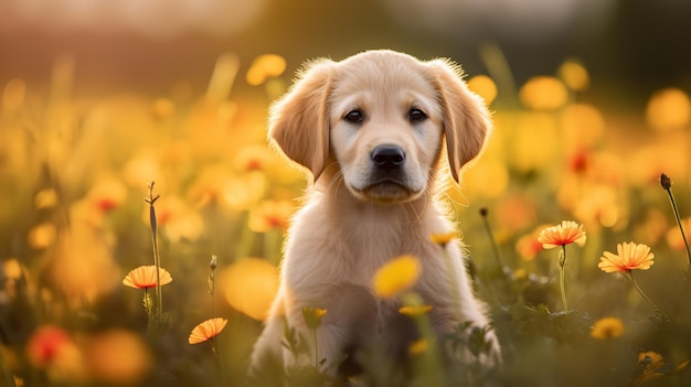 At nightfall in a june flower meadow a juvenile golden retriever sits generative ai