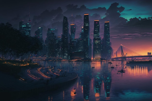 At nightfall the skyline of Singapore