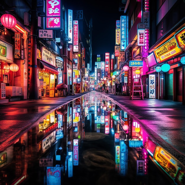 街の明かりがダイナミックな色彩のタペストリーに染まる東京のナイトライフ