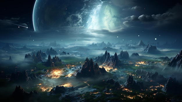 Ночная планета Земля в темном космическом пространстве Цивилизация Элементы этого изображения предоставлены НАСА