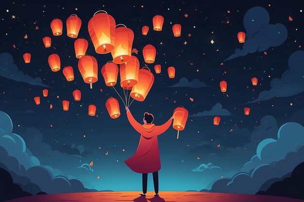 Photo nightly release setting selflove ablaze with lanterns flat style vector