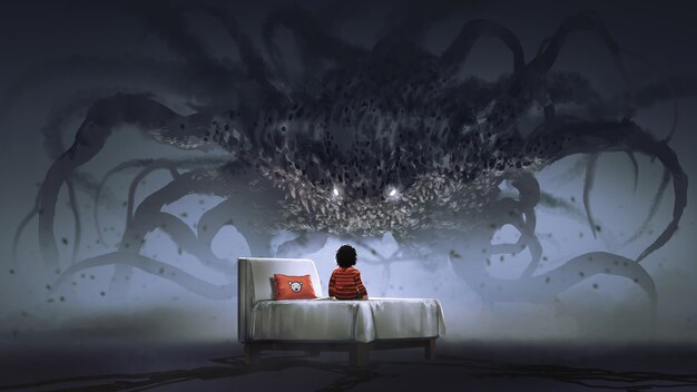 暗い土地で巨大なモンスターに直面しているベッドの上の少年を示す悪夢の概念、デジタルアートスタイル、イラスト絵画