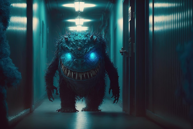 Nightmare scary monster is walking down the dark corridor of the house Big monster with glowing eyes from terrible dreams 3d render