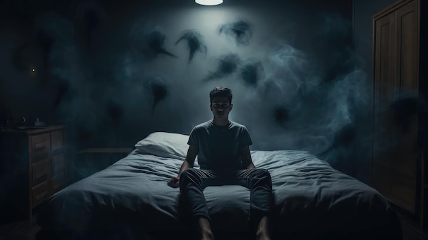 Фото nightmare unveiled исследуйте наши фотографии, изображающие молодого человека в темной комнате с пугающей фигурой на стене