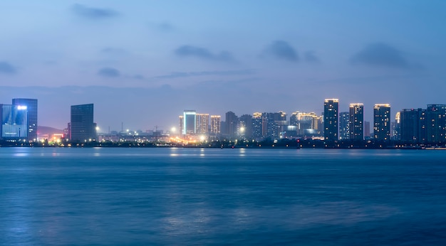 Nightscape Skyline of Urban Architecture along Qingdao Coastal Line