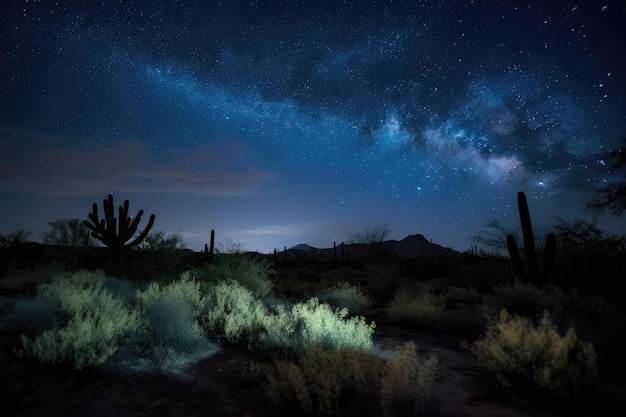 Foto paesaggio notturno con cieli stellati e silhouette di cactus nel deserto creato con l'ia generativa