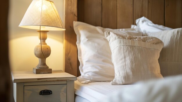 Photo nightstand next to the bed with a farmhousestyle lamp