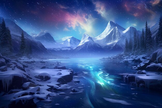 at nightThis is a photo of snowfall a surreal and complex CG rendering with seven color glaciers