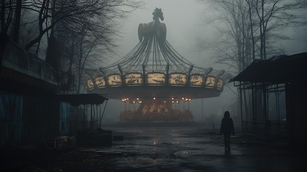 Ночной заброшенный парк развлечений с санаторным колесом обозрения и туманным парком Фоновая концепция Хэллоуина