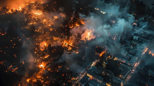 写真 炎に包まれた爆発的な都市景観と緊急対応の夜間の空中写真