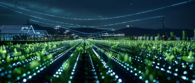 Photo a nighttime agricultural field with glowing paths leading into the horizon blending technology and nature in a digital farming utopia