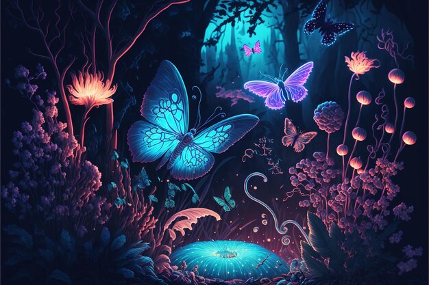 Ночная биолюминесцентная флора и дикая природа в лесу мечты