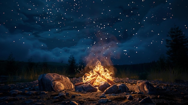 Nighttime Campfire Under Starry Sky Outdoor Camping Scene