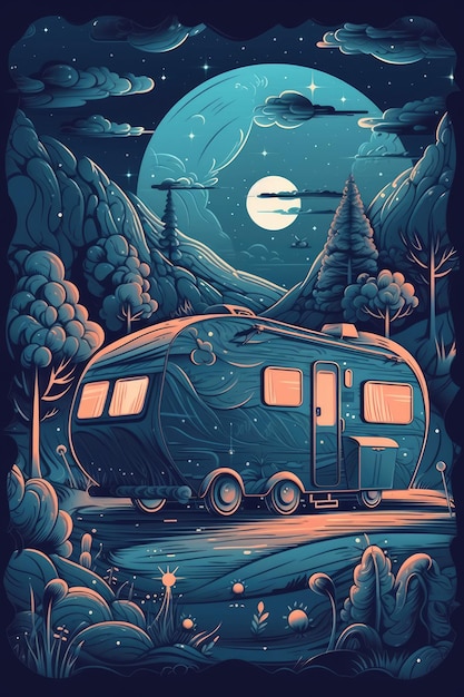 Nighttime Camping Adventure with a Cartoon Caravan