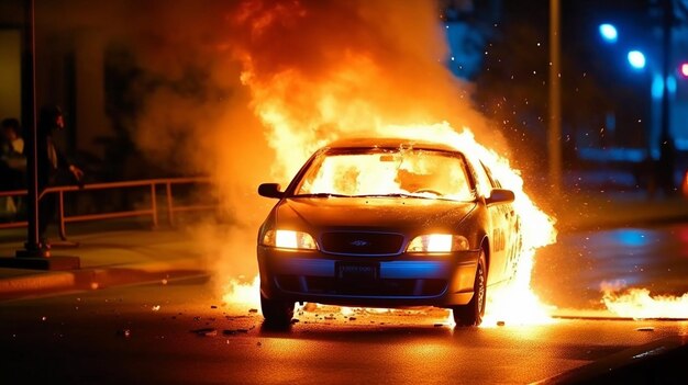 Nighttime car fire with police lights in the distance