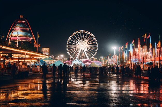 写真 旋回する乗り物と祭りの囲気を持つ夜のカーニバル