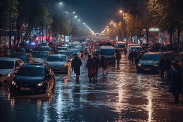 Nighttime chaos flooded city submerged cars people under marquees Devastating flood generative IA