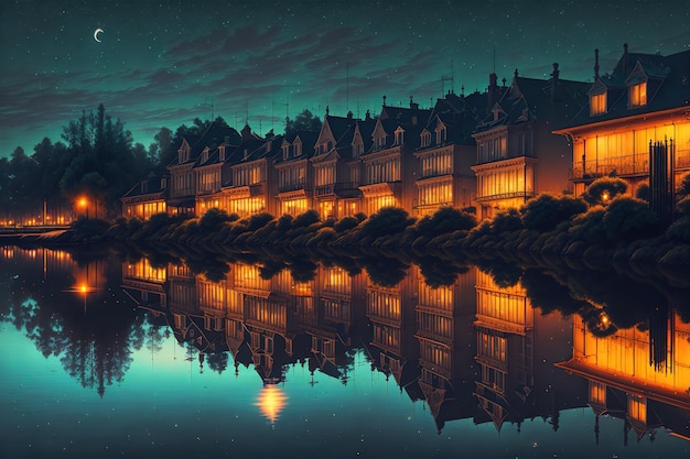 A nighttime city scene with a reflection in the water