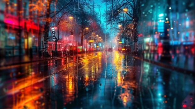 Nighttime City Street Reflections Abstract Rainsoaked Scene