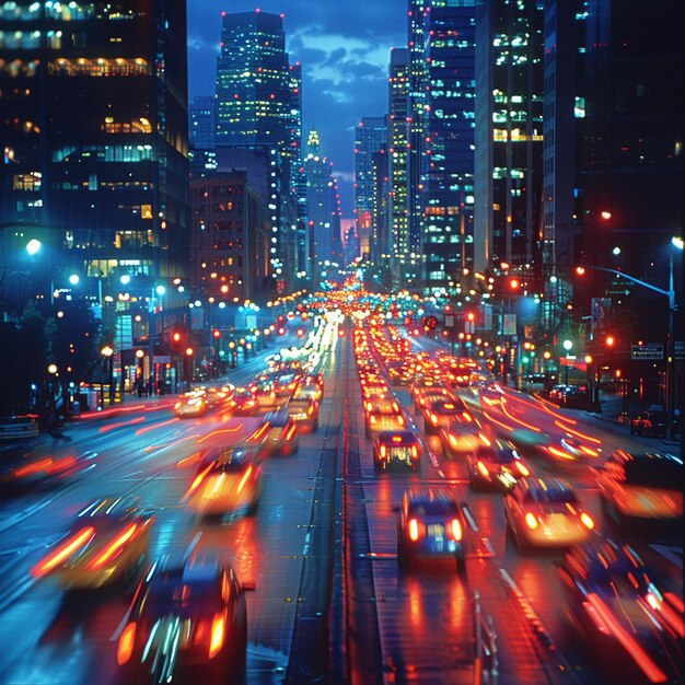 Nighttime city traffic with streaks of headlights and streetlights