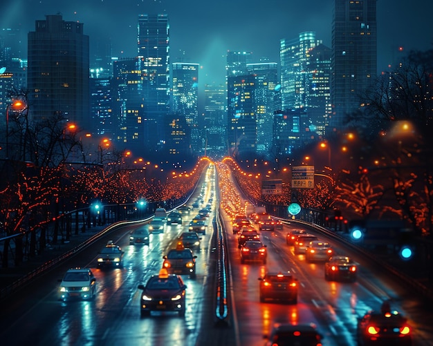 Nighttime city traffic with streaks of headlights and streetlights