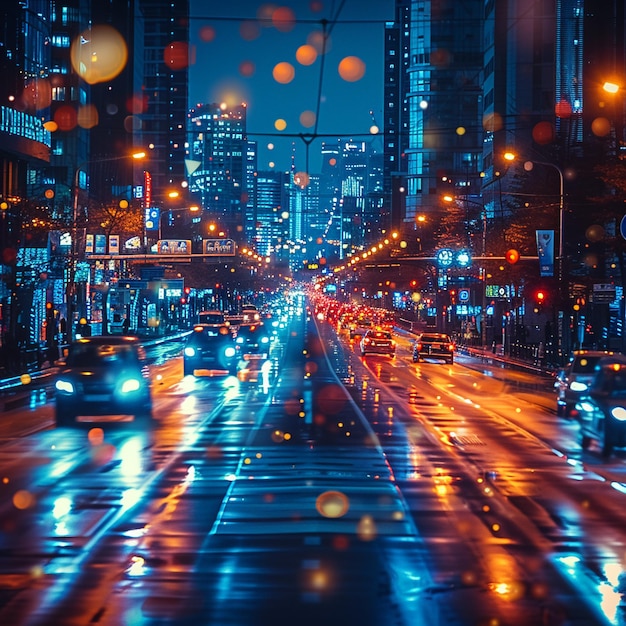 Nighttime city traffic with streaks of headlights and streetlights