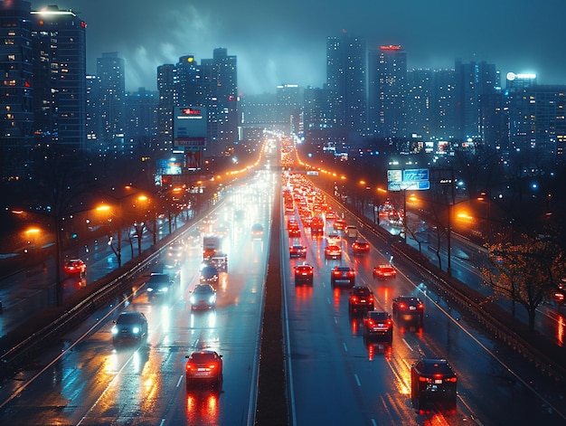 ヘッドライトとストリートライトのストライプで夜間の都市交通