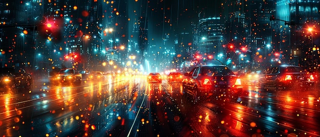 Nighttime city traffic with streaks of headlights and streetlights