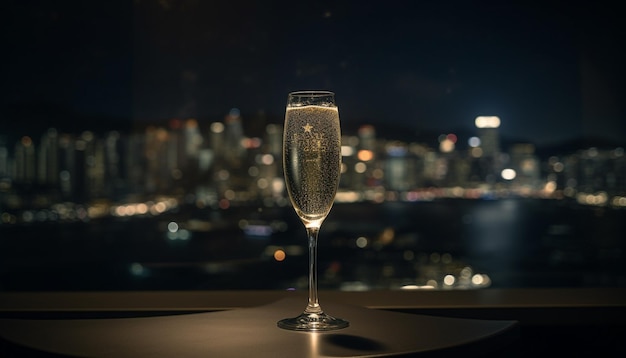 Nighttime cityscape celebration with champagne drink in illuminated skyscraper generated by artificial intelligence