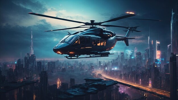 Nighttime Cityscape from Above Futuristic Helicopter Flight