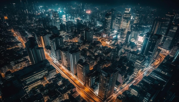 Nighttime cityscape of modern skyscrapers illuminated by street lights generated by artificial intelligence