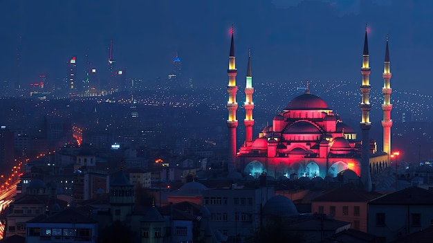 nighttime cityscape overlooking a large mosque brightly lit and decorated for Eid alFitr