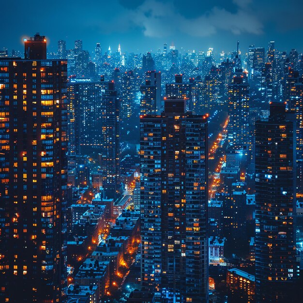 Nighttime cityscape with illuminated buildings